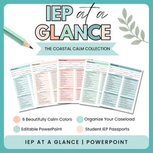 May include: Five IEP at a Glance document templates from The Coastal Calm Collection, featuring various pastel color schemes, organized sections for instructional testing and accommodations, a light green pencil, and text labels for features.