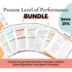 Op de afbeelding: Een bundel printbare formulieren voor het vaststellen van het huidige prestatieniveau voor leerkrachten, leerlingen, ouders en logopedisten. De formulieren zijn geordend per vakgebied, waaronder wiskunde, sociale studies, wetenschappen, lezen en taal. De bundel bevat een formulier voor het schrijven van een IEP. De formulieren zijn ontworpen om leerkrachten te helpen de voortgang van leerlingen te beoordelen en gebieden te identificeren waar verbetering nodig is.