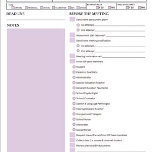 May include: A checklist for an Individualized Education Program (IEP) meeting. The checklist includes sections for student information, parent/guardian information, contact information, behavior plan, English learner status, and a list of tasks to complete before the meeting.