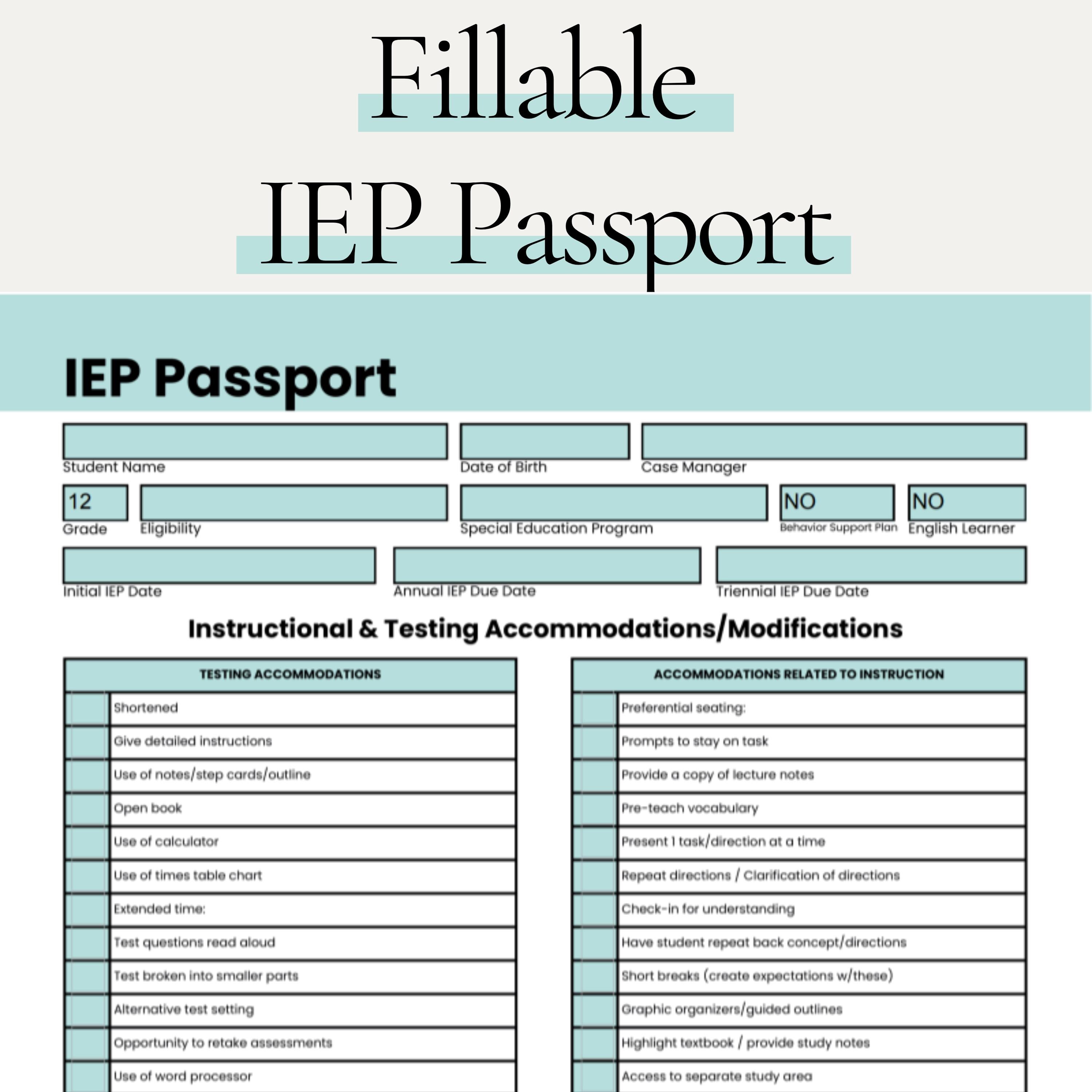 Fillable IEP Passport: Special Education IEP at a Glance (PDF) - Etsy
