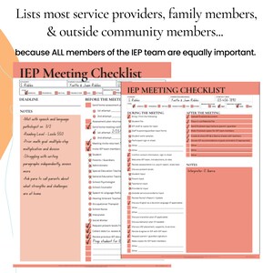 May include: A pink and white checklist for an Individualized Education Program (IEP) meeting. The checklist includes sections for before, during, and after the meeting. The checklist includes notes for the meeting, such as "Met with speech and language pathologist on 3/2" and "Reading Level - Lexile 550".
