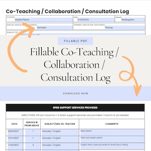 May include: A printable co-teaching, collaboration, and consultation log for teachers. The log includes columns for date, service number, subject, teacher, and comments. The log is designed to help teachers track and document their collaboration and support services.