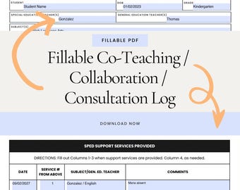 May include: A printable co-teaching, collaboration, and consultation log for teachers. The log includes columns for date, service number, subject, teacher, and comments. The log is designed to help teachers track and document their collaboration and support services.