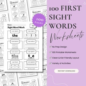 May include: A collection of printable sight word worksheets for early learners. The worksheets feature activities like tracing, coloring, and writing words. The image includes the text "100 First Sight Words Worksheets" and "Instant Download."
