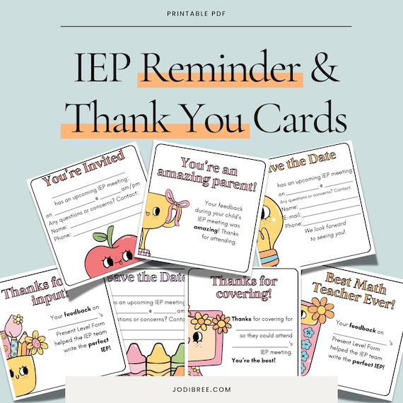 IEP Meeting Reminder & Thank You Cards: 36 Unique Designs (Printable PDF)