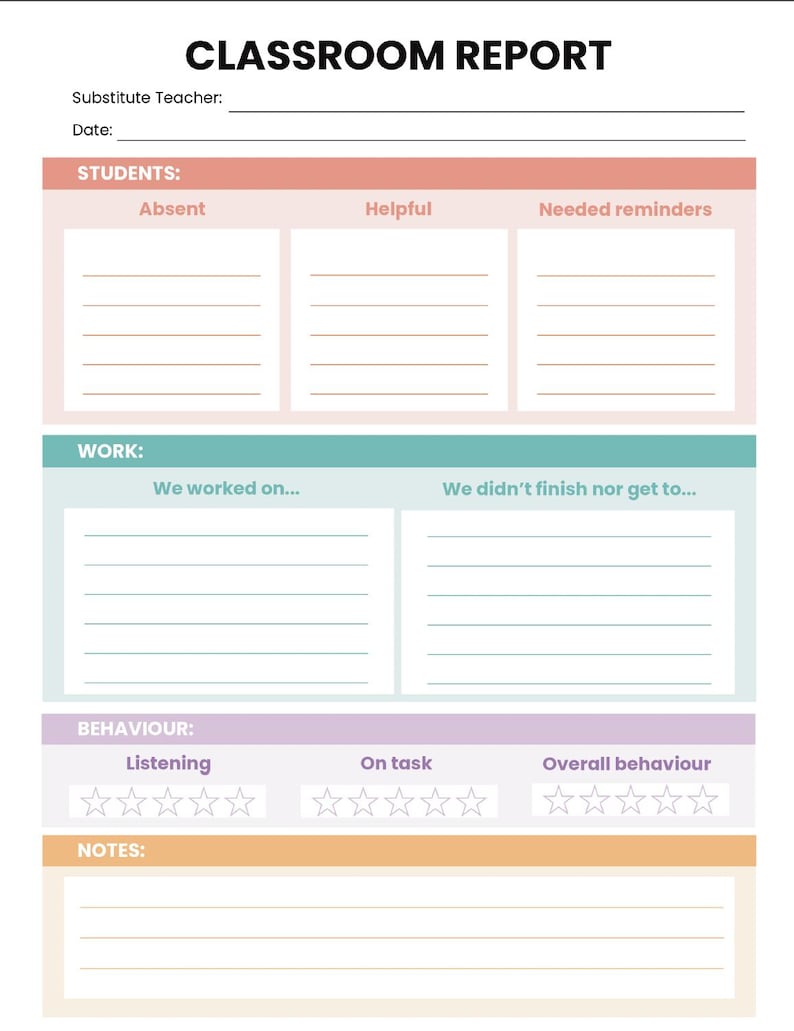 May include: A printable classroom report form with sections for student attendance, helpfulness, needed reminders, work completed, work not finished, listening, on-task behavior, overall behavior, and notes.
