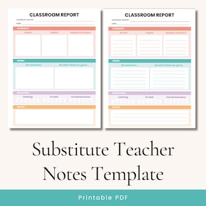May include: Printable classroom report template for substitute teachers. The template includes sections for student attendance, helpfulness, needed reminders, work completed, and behavior. The template is designed with a light pink, light blue, and light orange color scheme.