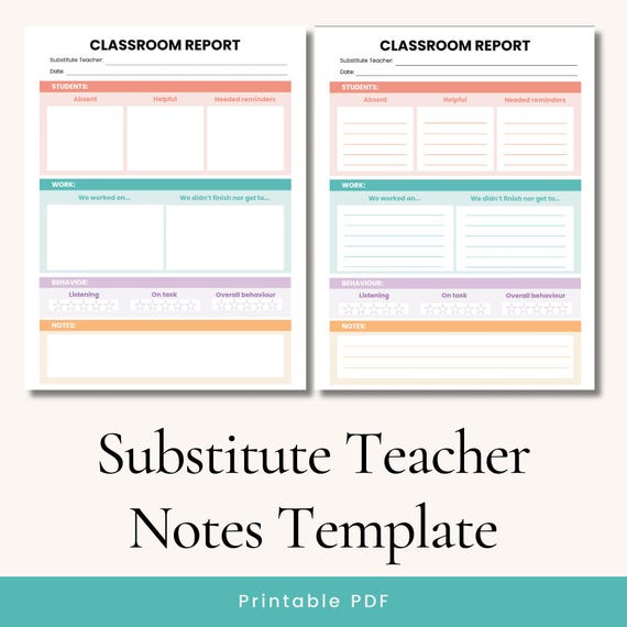 Substitute Teacher Notes Template: Printable Classroom Report (PDF)