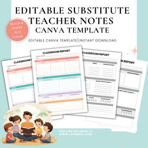 May include: A digital template for substitute teacher notes. The design includes several Classroom Report pages with sections for student information, work, and behaviour. The image also features a cartoon illustration of a teacher reading to children. Text includes "Editable Substitute Teacher Notes Canva Template."