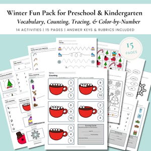 May include: A set of winter-themed activity sheets for preschool and kindergarten children. The worksheets cover vocabulary, counting, tracing, and colour-by-number tasks. Illustrations include candy canes, snowflakes, and hot chocolate. The pack contains 15 pages.