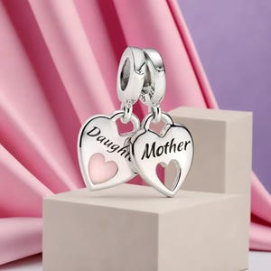 Doppel Herz Split baumeln Charme Mutter und Tochter Charme Liebe Rosa Sterling Silber Charme für Frauen, Hand-gefertigt