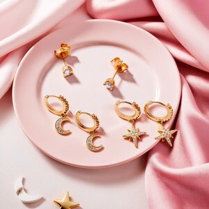 Minimalist Gold Star With Moon CZ 3pcs Set Hoop Earrings for Women Stylish Clear Cartilage Unique Everyday Jewellery Gift Set for Her UK