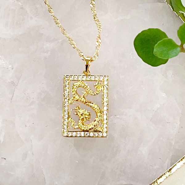 Gold Dragon Necklace / Gold Filled Dragon Necklace / Dragon Necklace / Gold Necklace / Layering Necklace / Cubic Zirconia Dragon Necklace