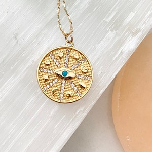 Gold Eye Necklace / Eye Medallion Necklace / Mystical Eye Necklace / Gold Evil Eye Necklace / Gold Filled Necklace /  Gold Layering Necklace