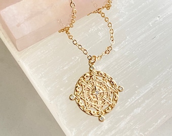 Gold Medallion Necklace / Gold Star Burst Medallion / Celestial Necklace / Gold Coin Necklace / Gold Disc Necklace /  Gold Layering Necklace