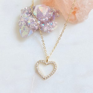 Gold Heart Necklace / Heart Pendant Necklace / Cubic Zirconia Heart Necklace / Gold Heart Charm Necklace / Gold Sparkly Heart Necklace