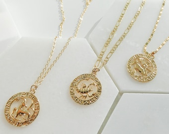 Zodiac Necklace / Gold Zodiac Necklace / Zodiac Sign Necklace / Zodiac Coin Necklace / Gold Zodiac Disc Necklace / Zodiac Charm Necklace