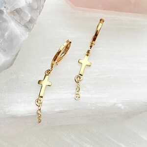 Cross Earrings / Gold Cross Earrings / Gold Cross Chain Earrings / Cross Huggie Hoop Earrings / Religious Jewelry / Cross Huggie Hoops