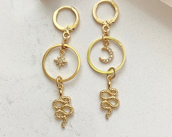 Long Crescent Moon Earrings / Gold Snake Earrings / Gold Celestial Earrings / Moon Earrings / Snake Earrings / CZ Moon And Snake Earrings