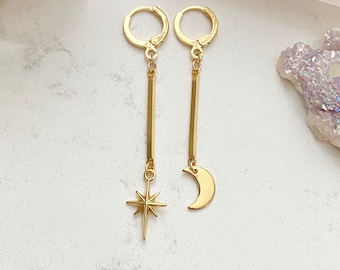Long Crescent Moon Earrings / North Star Earrings / Gold Celestial Earrings / Moon Earrings / Star Earrings / Moon And Star Dangle Earrings