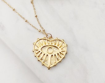 Gold Heart Necklace / Heart Pendant Necklace / Eye Heart Necklace / Gold Heart Charm Necklace / Layering Necklace / Gold Layering Necklace