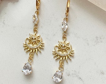 Gold Moon and Sun Earrings / Long Sun Earrings / Long Gold Celestial Earrings / Moon & Sun Earrings / Dangly CZ Celestial Earrings