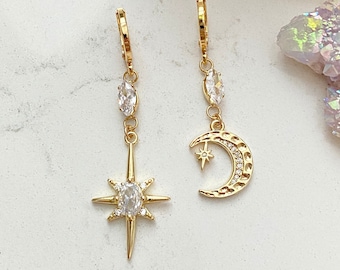 Crescent Moon Earrings / Gold North Star Earrings / Gold Celestial Earrings / Moon & Star Earrings / CZ Celestial Dangly Earrings