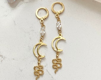 Long Crescent Moon Earrings / Gold Snake Earrings / Gold Celestial Earrings / Moon Earrings / Snake Earrings / CZ Moon And Snake Earrings