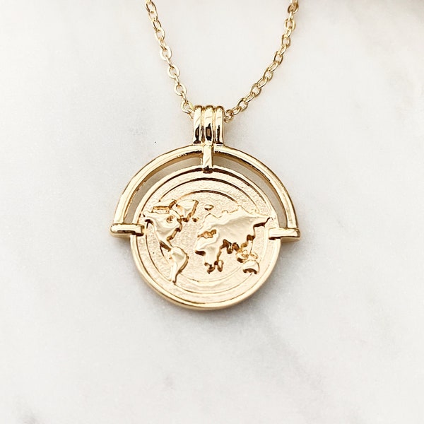 Gold Filled Earth Necklace / Gold Earth Medallion / Gold Globe Necklace / Gold Coin Necklace / Gold World Necklace /  Gold Layering Necklace