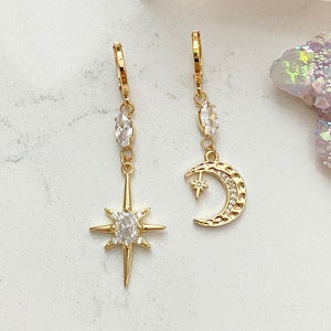 Crescent Moon Earrings / Gold North Star Earrings / Gold Celestial Earrings / Moon & Star Earrings / CZ Celestial Dangly Earrings