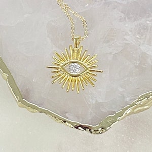Gold Eye Necklace / Gold Burst Necklace / Mystical Eye Necklace / Gold Evil Eye Necklace / 24k Gold Necklace /  Gold Layering Necklace