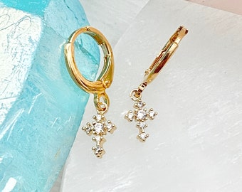 Cross Earrings / Cross Huggie Hoop Earrings / Cubic Zirconia Cross Earrings / Gold Cross Earrings / Religious Jewelry / Cross Jewelry