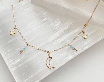 Gold Moon Necklace / Gold Star Choker / Moon and Star Necklace / Gold Necklace / Gold Crescent Moon Necklace / Layering Gold Moon Necklace