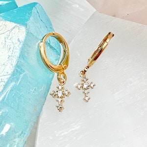 Cross Earrings / Cross Huggie Hoop Earrings / Cubic Zirconia Cross Earrings / Gold Cross Earrings / Religious Jewelry / Cross Jewelry