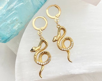 Gold Dangly Snake Earrings / Gold Snake Earrings / Snake Huggie Hoop Earrings / Gold Huggie Hoop Earrings / Snake Huggie Hoops