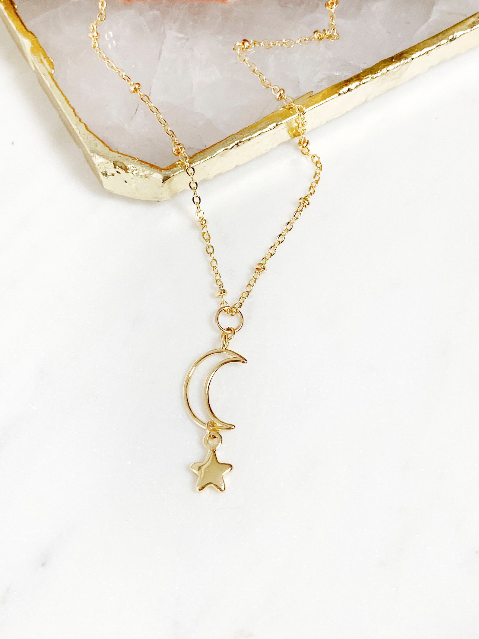 Gold Star and Moon Necklace / Gold Star Moon Dangle Necklace / Etsy