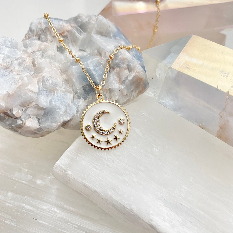 Gold Moon Star Necklace Gold Filled Moon Necklace Moon Necklace Gold Star Necklace Enamel Gold Coin Necklace Gold Star Necklace