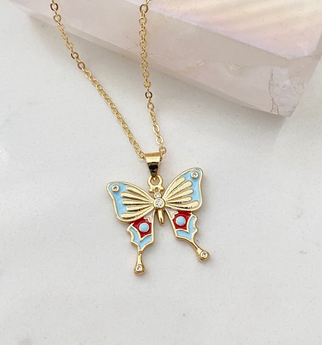 14k Gold Filled Butterfly Necklace Enamel Butterfly Necklace