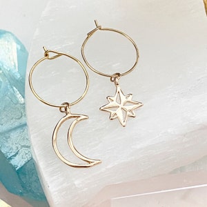 Crescent Moon Earrings / Star Earrings / Celestial Earrings / Moon Earrings Star Earrings / Moon And Star Dangle Earrings / Gold Moon Hoops