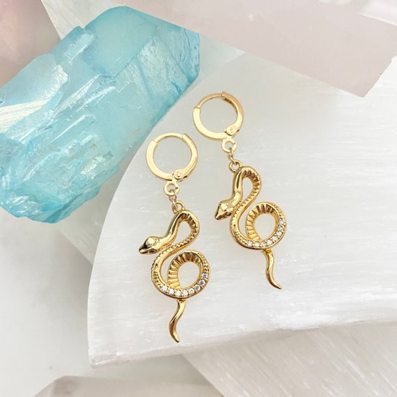 Gold Dangly Snake Earrings / Gold Snake Earrings / Snake Huggie Hoop Earrings / Gold Huggie Hoop Earrings / Snake Huggie Hoops