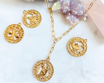 Zodiac Necklace / Gold Zodiac Necklace / Zodiac Sign Necklace / Zodiac Coin Necklace / Gold Zodiac Disc Necklace / Zodiac Charm Necklace