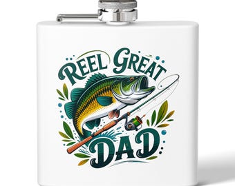 Flask — "Reel Great Dad" Fishing Stainless Steel 6oz Hip Flask (Father's Day Gift)