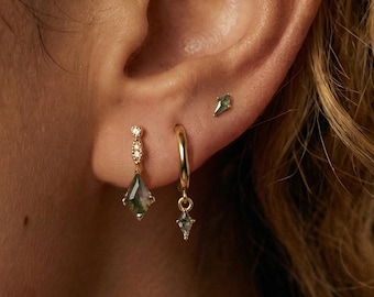 Mosagaat en diamanten oorbellenset, gouden hoepel, vliegeroorknopjes, sterlingzilveren oorstapel, groene edelsteen alledaagse sieraden, platte achterkant