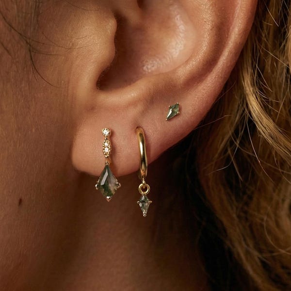 Conjunto de pendientes de ágata musgosa y diamantes, aro de oro, pendientes de botón con forma de cometa, conjunto de pendientes apilables de plata de ley, joyería de uso diario con piedras preciosas verdes, pendientes de botón con parte trasera plana