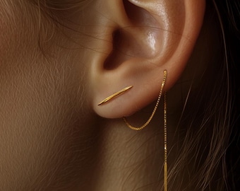 Boucle d'oreille avec enfile-barres plaquée or 18 carats : chaîne en argent sterling, double piercing