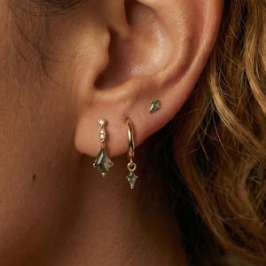 Moss Agate & Diamond Earring Set, Gold Hoop, Kite Stud Earrings, Sterling Silver Ear Stack, Green Gemstone Everyday Jewelry, Flat Back Stud