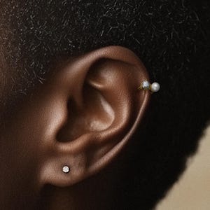 Dainty cz stone helix hoop earring, pearl helix piercing, water proof sterling silver huggies, diamond cartilage hoop, thick 18K gold plated