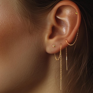 18K Gold Plated Ball Threader Earring: Sterling Silver Double Piercing Chain, second piercing earring, gift for ear piercing, pull through