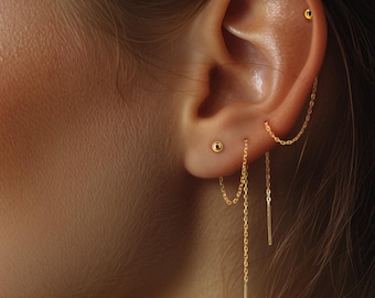 Pendiente de bola enhebrador chapado en oro de 18 quilates: cadena de perforación doble de plata esterlina, segundo pendiente de perforación, regalo para perforación de oreja, pasar a través