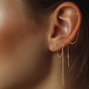18K Gold Plated ball threader earring, Pull through earring, Double piercing chain, Dainty Dot second piercing, Tiny mismatched earring